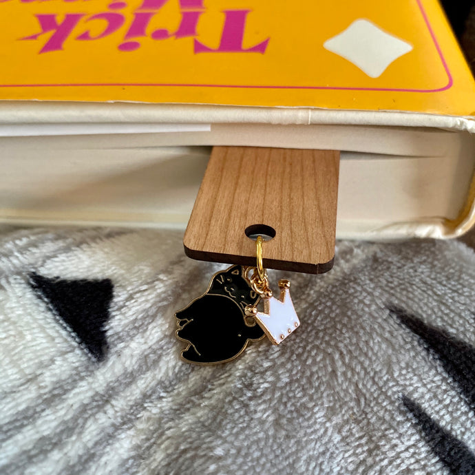 Black Cat (Butt) with White and Gold Crown Charm Wooden Bookmark