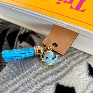 Blue Teapot Charm with Blue Tassel Wooden Bookmark