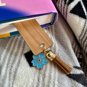 Blue and Gold Flower Charm with Blue Tassel Wooden Bookmark