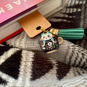 wooden bookmark cat in a mug charm